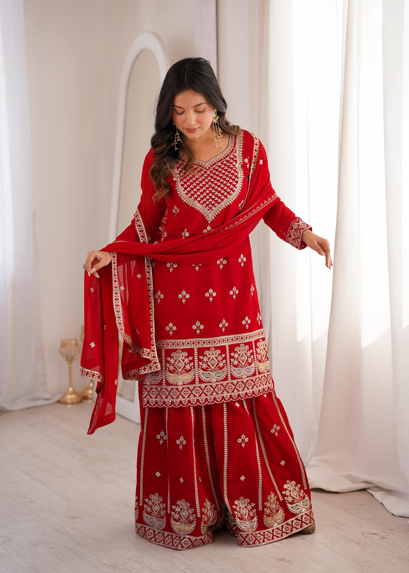 Designer Embroidered Kurta Palazzo Set with Dupatta.