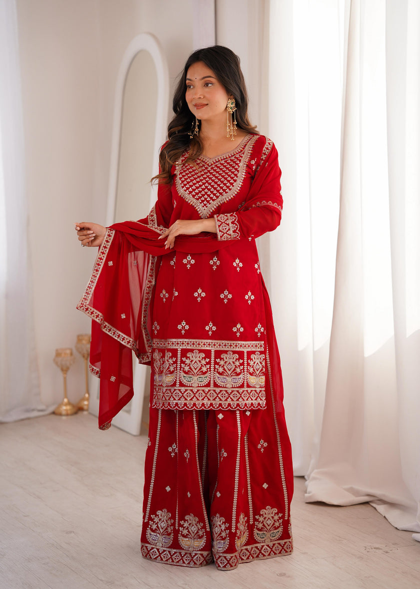 Designer Embroidered Kurta Palazzo Set with Dupatta.