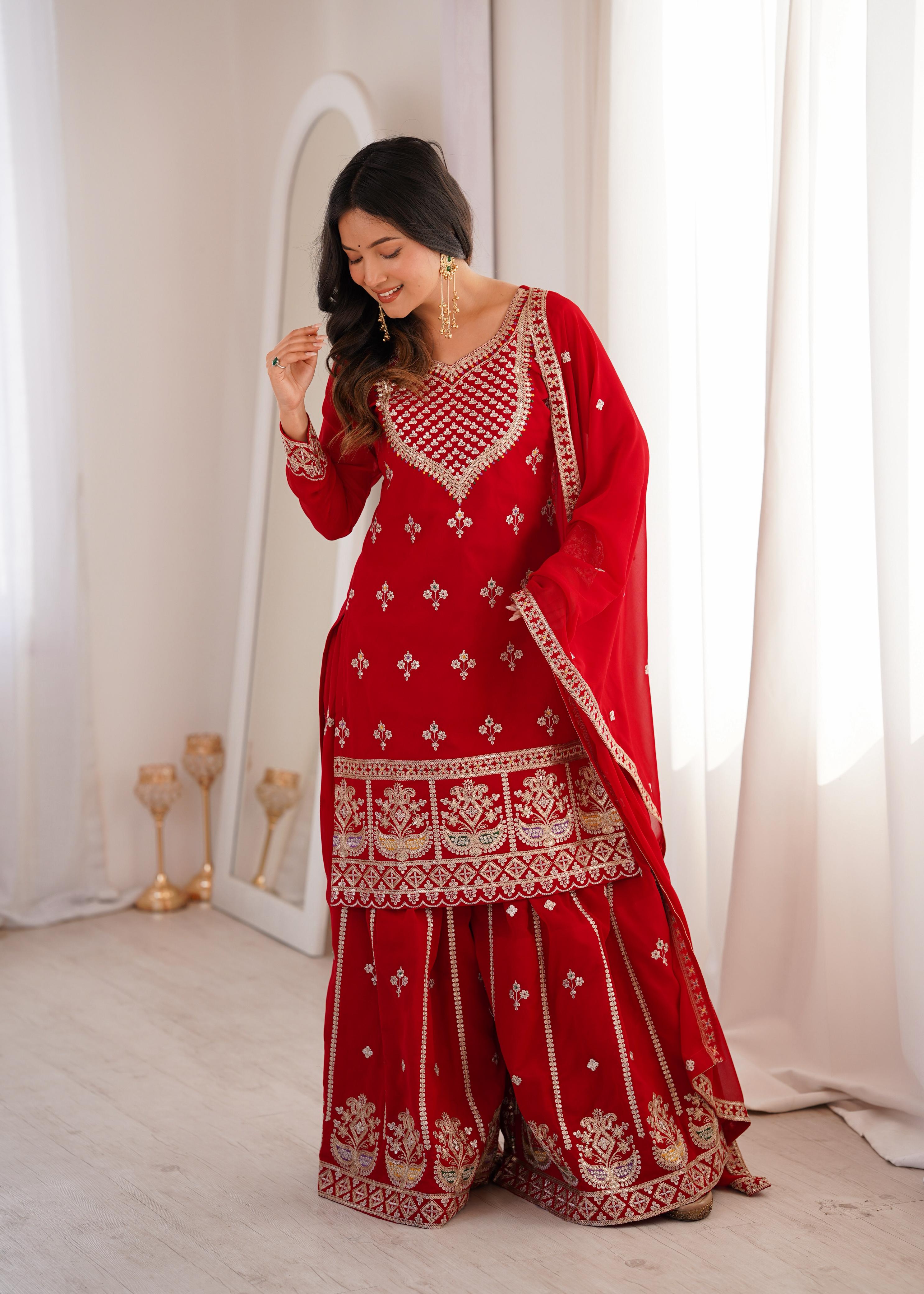 Designer Embroidered Kurta Palazzo Set with Dupatta.