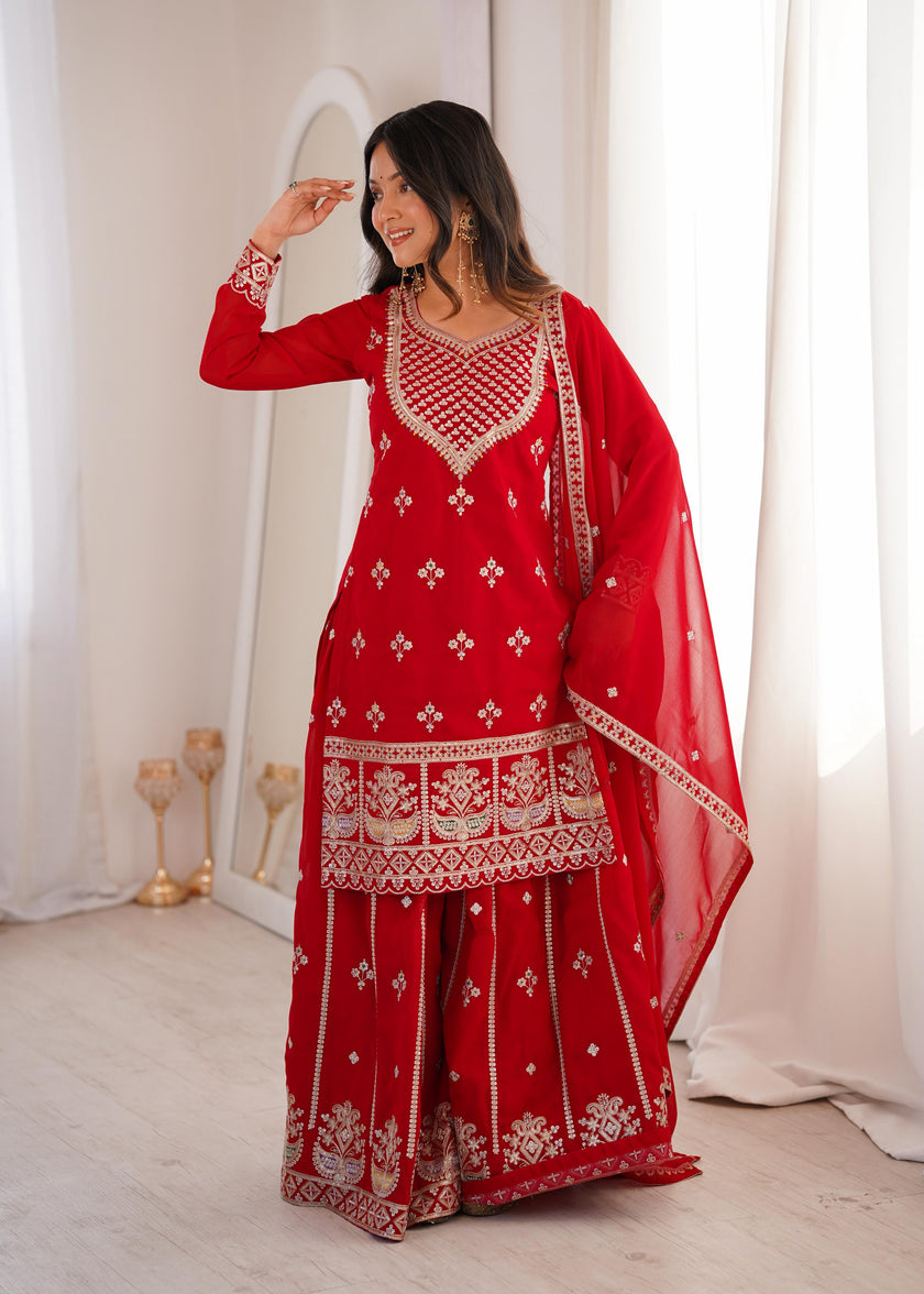 Designer Embroidered Kurta Palazzo Set with Dupatta.