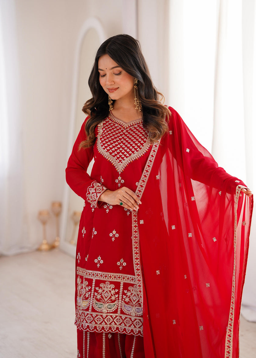Designer Embroidered Kurta Palazzo Set with Dupatta.