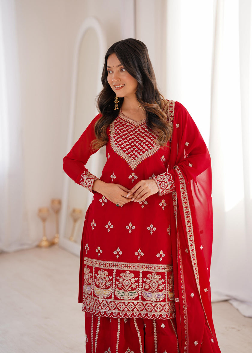 Designer Embroidered Kurta Palazzo Set with Dupatta.