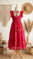 Red Floral Embroidered Tiered Midi Dress.