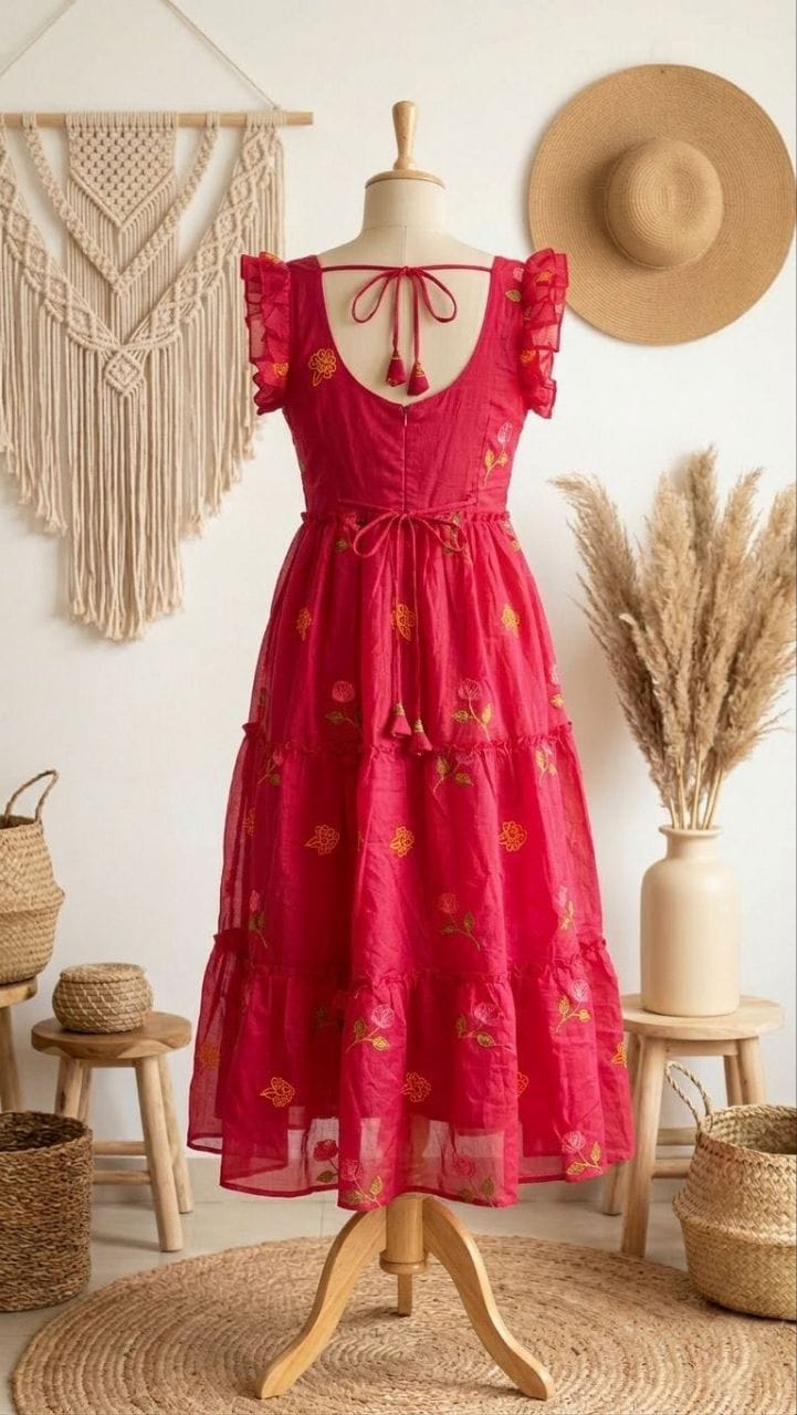 Red Floral Embroidered Tiered Midi Dress.