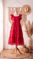 Red Floral Embroidered Tiered Midi Dress.