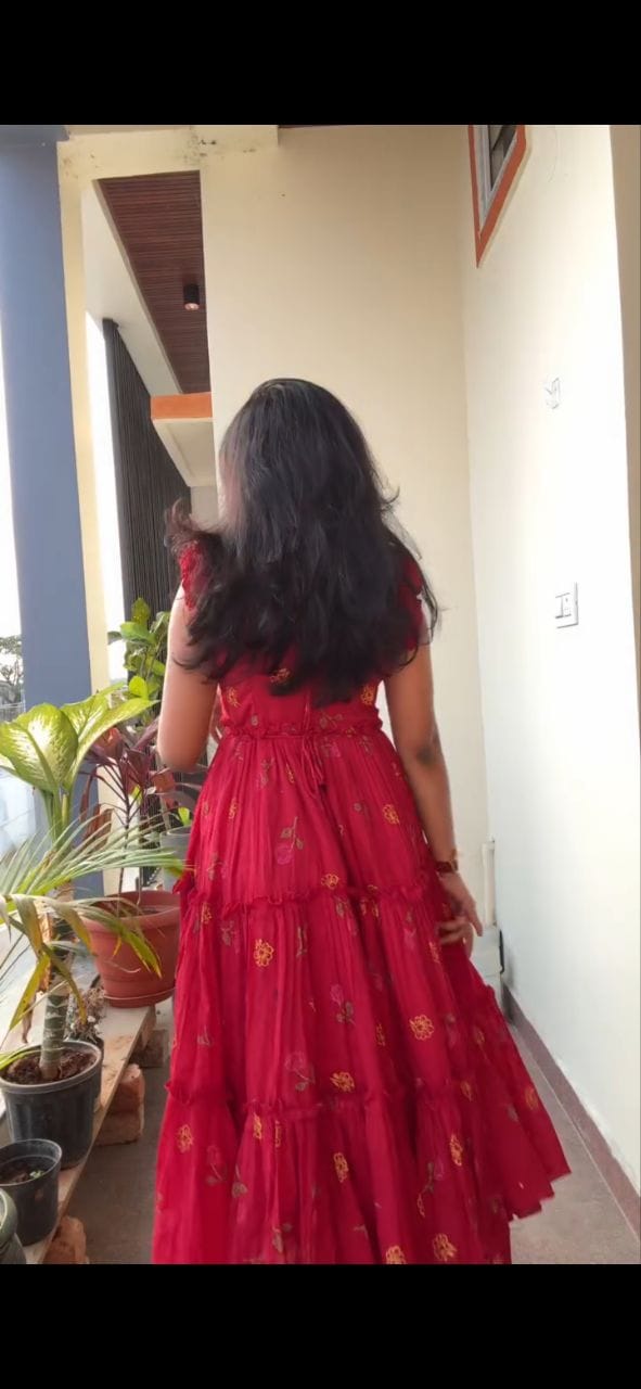 Red Floral Embroidered Tiered Midi Dress.