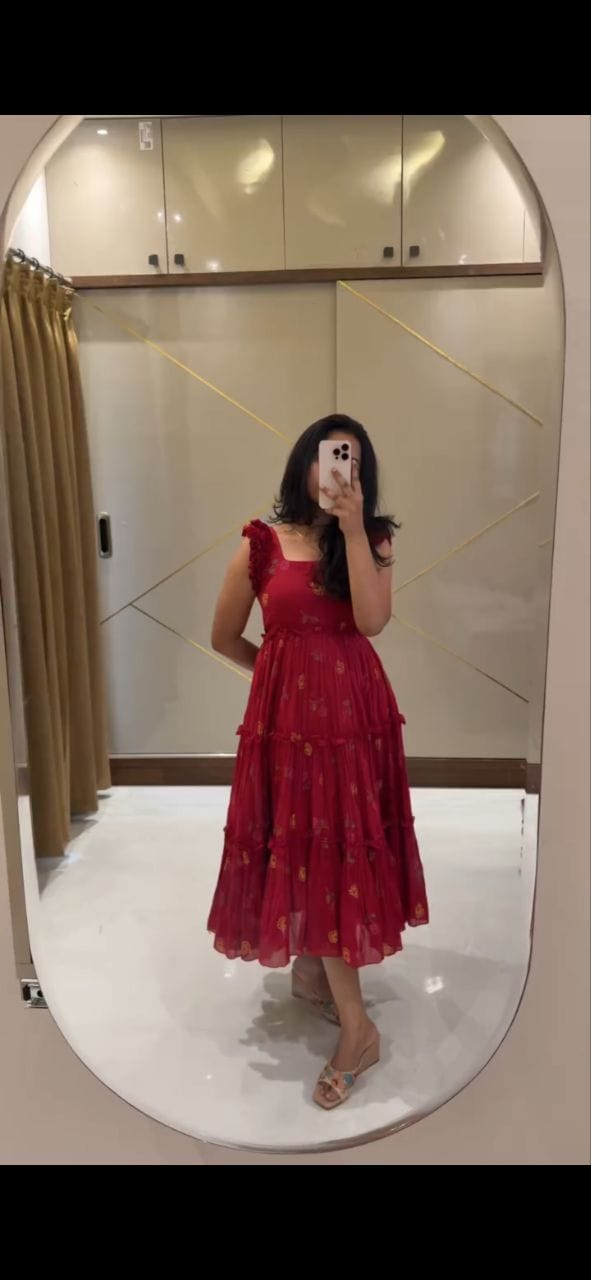 Red Floral Embroidered Tiered Midi Dress.