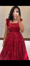 Red Floral Embroidered Tiered Midi Dress.