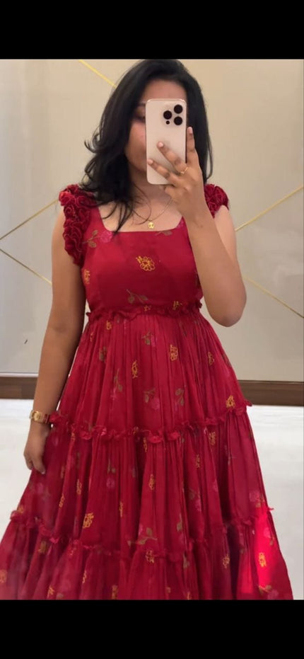 Red Floral Embroidered Tiered Midi Dress.