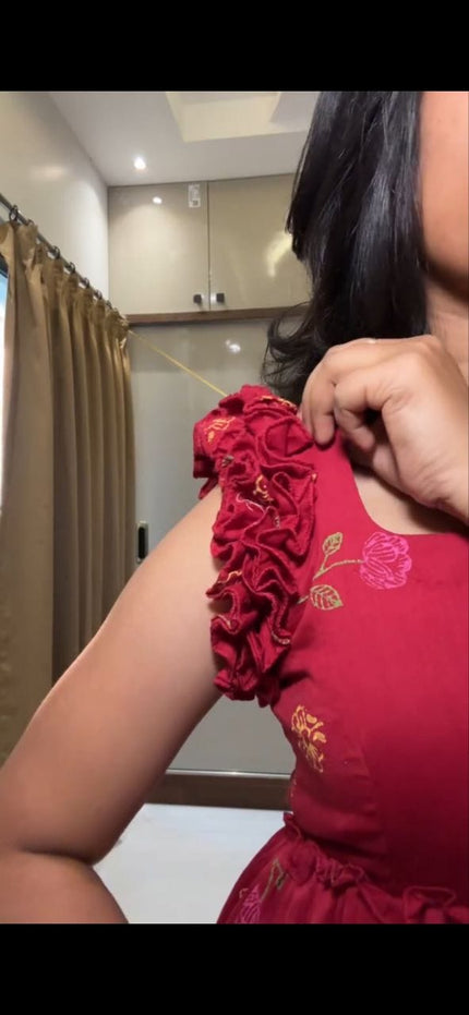 Red Floral Embroidered Tiered Midi Dress.