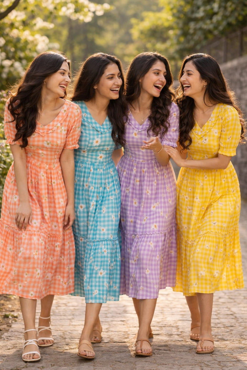 Women’s Checked Floral Print Casual Midi Dress.