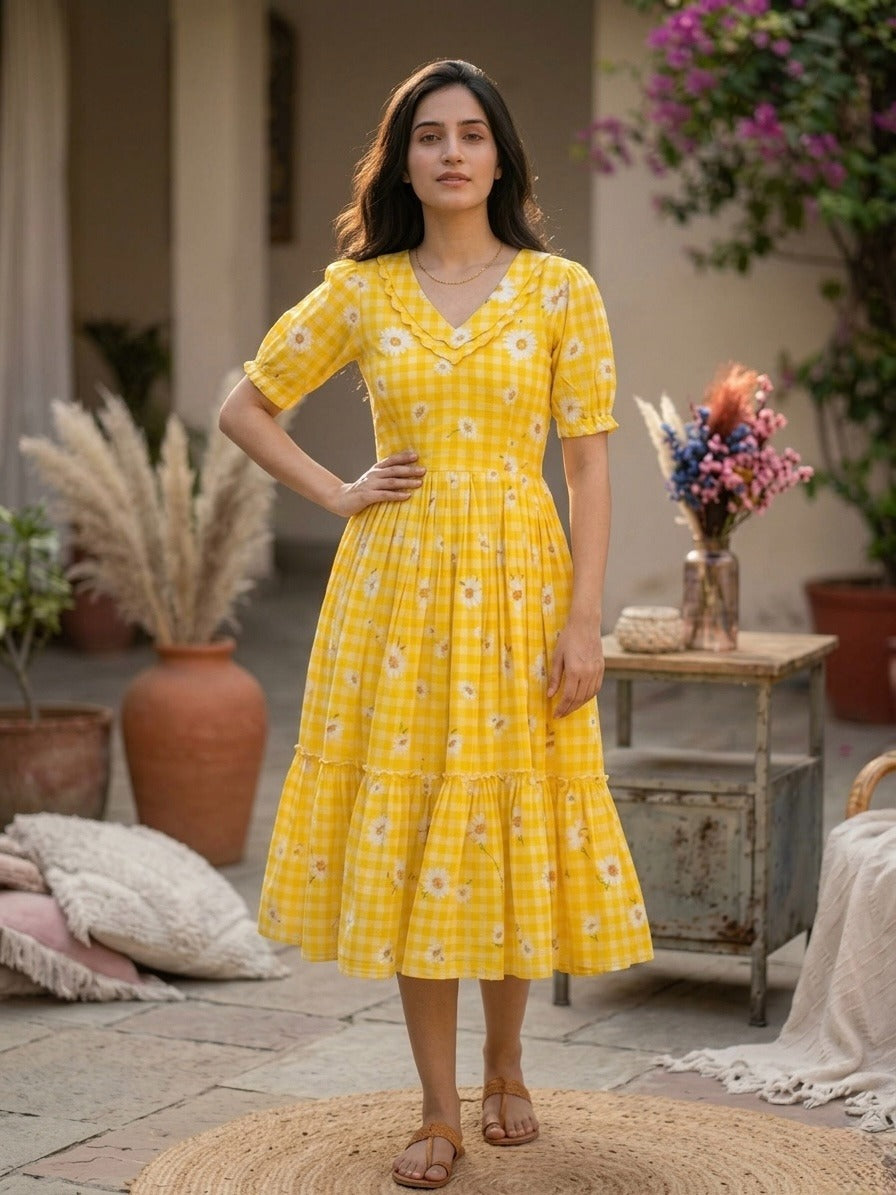 Women’s Checked Floral Print Casual Midi Dress.