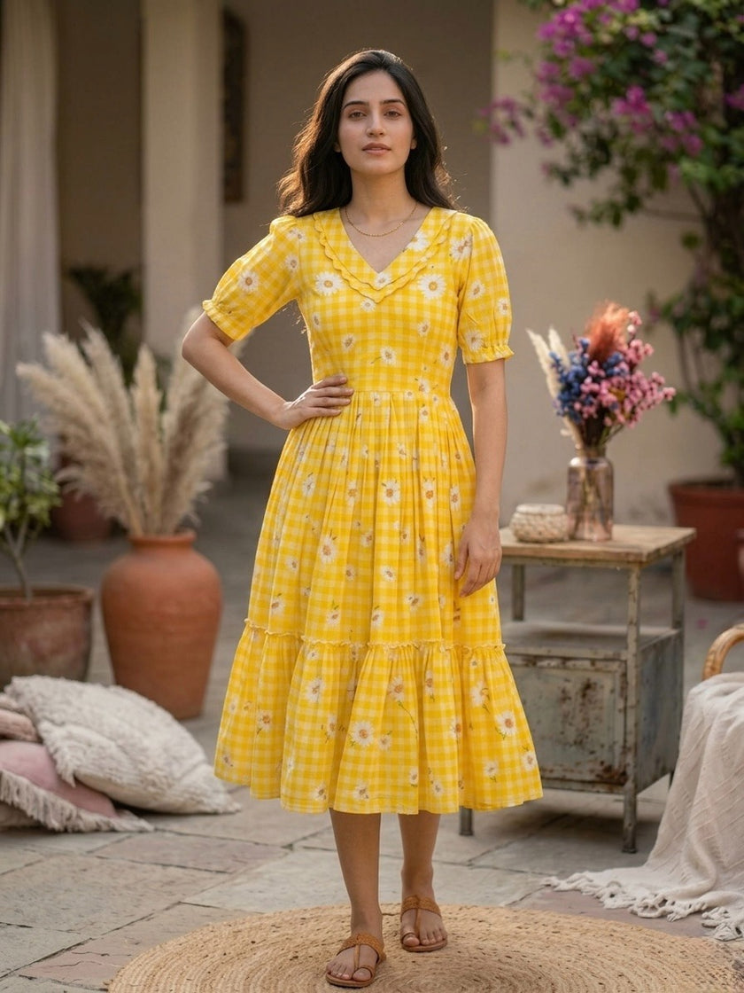 Women’s Checked Floral Print Casual Midi Dress.