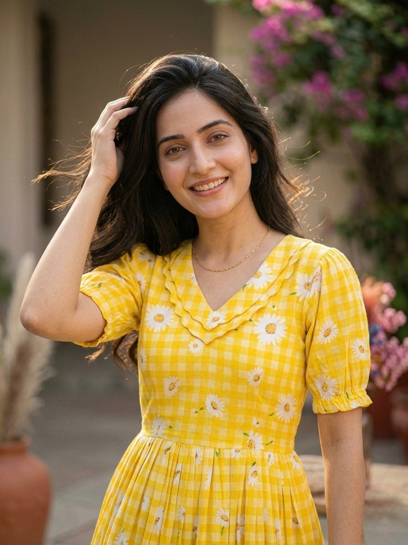 Women’s Checked Floral Print Casual Midi Dress.