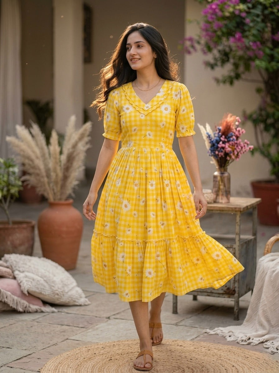 Women’s Checked Floral Print Casual Midi Dress.