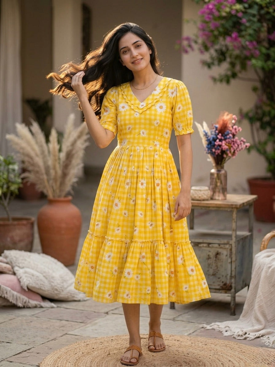 Women’s Checked Floral Print Casual Midi Dress.