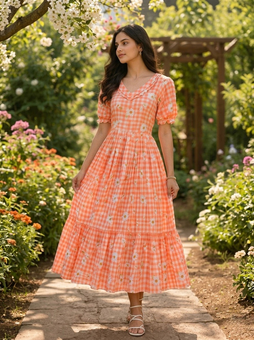 Women’s Checked Floral Print Casual Midi Dress.