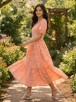 Women’s Checked Floral Print Casual Midi Dress.