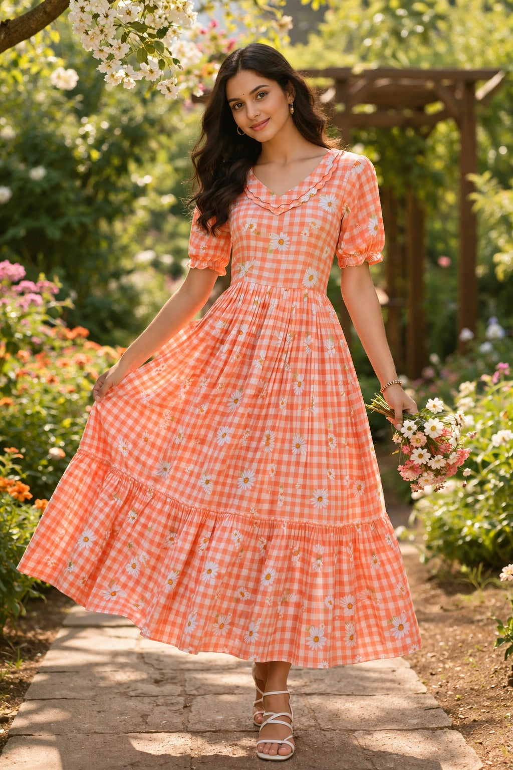 Women’s Checked Floral Print Casual Midi Dress.