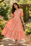 Women’s Checked Floral Print Casual Midi Dress.