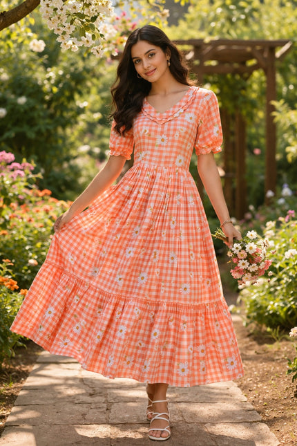 Women’s Checked Floral Print Casual Midi Dress.