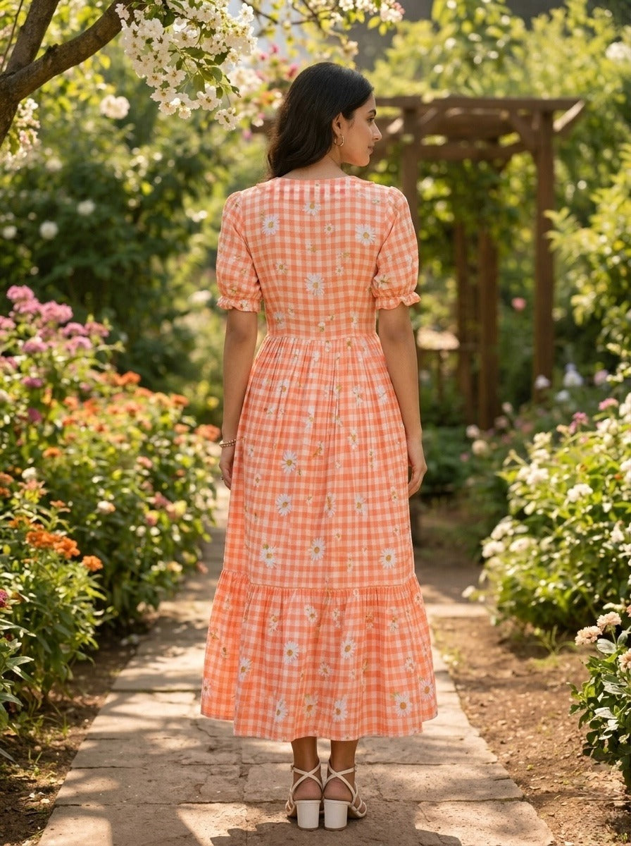 Women’s Checked Floral Print Casual Midi Dress.