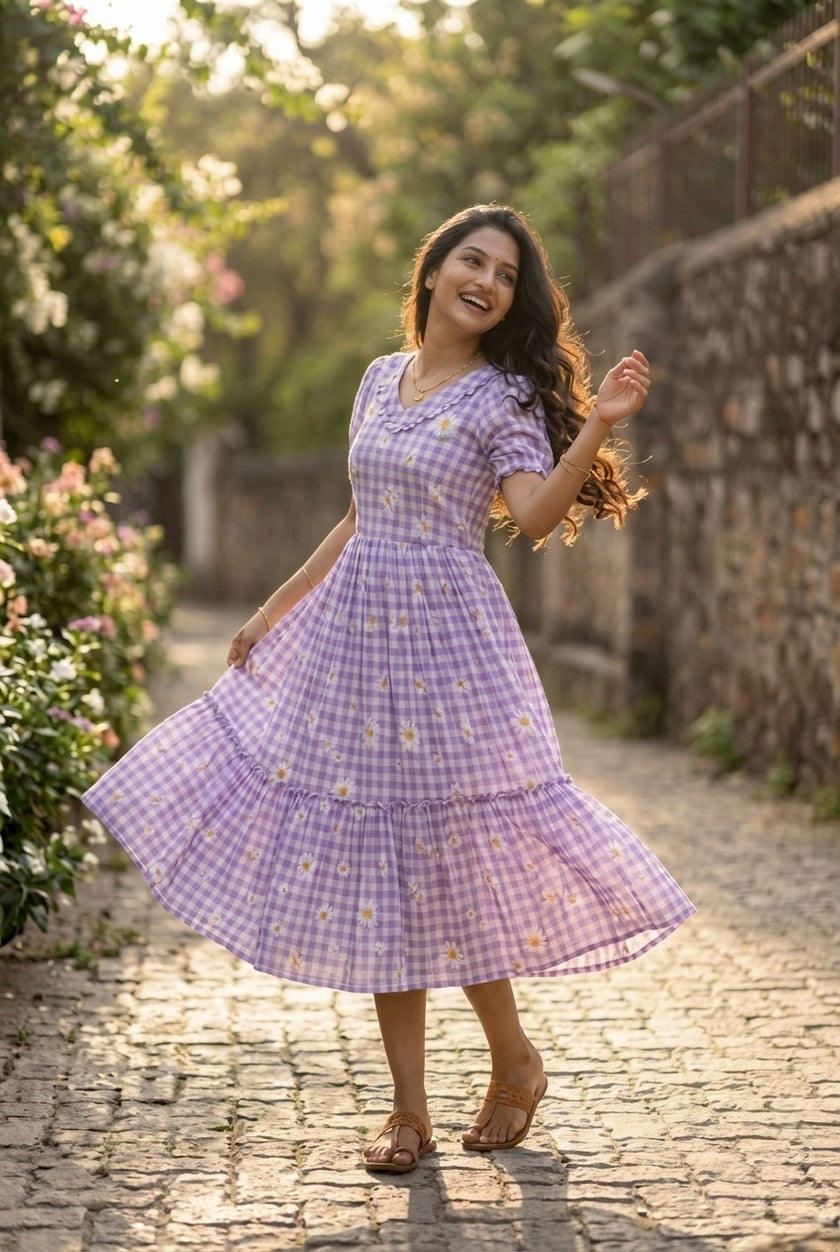 Women’s Checked Floral Print Casual Midi Dress.