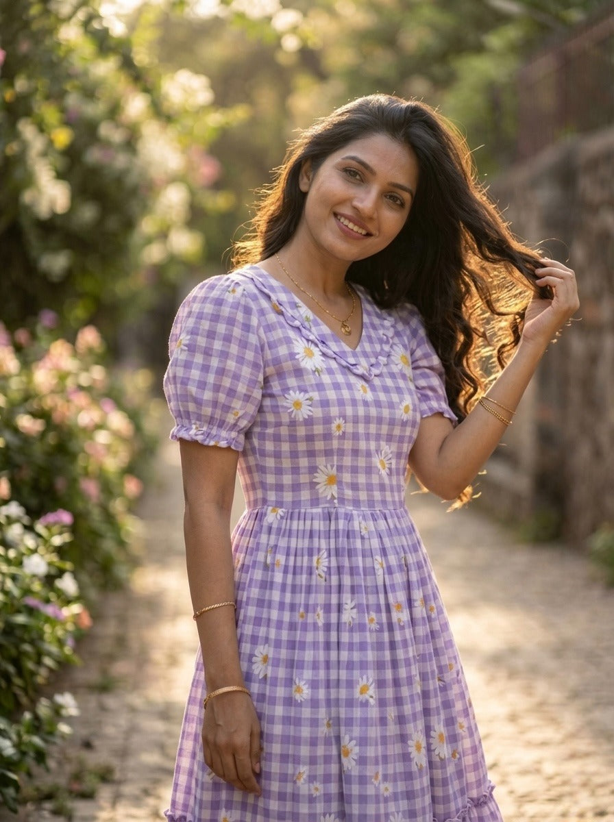 Women’s Checked Floral Print Casual Midi Dress.