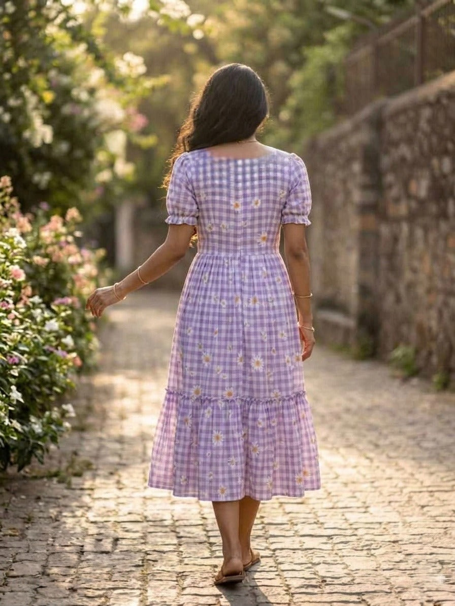 Women’s Checked Floral Print Casual Midi Dress.