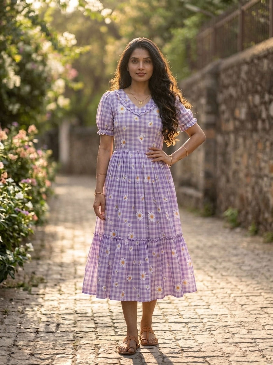 Women’s Checked Floral Print Casual Midi Dress.