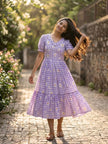 Women’s Checked Floral Print Casual Midi Dress.