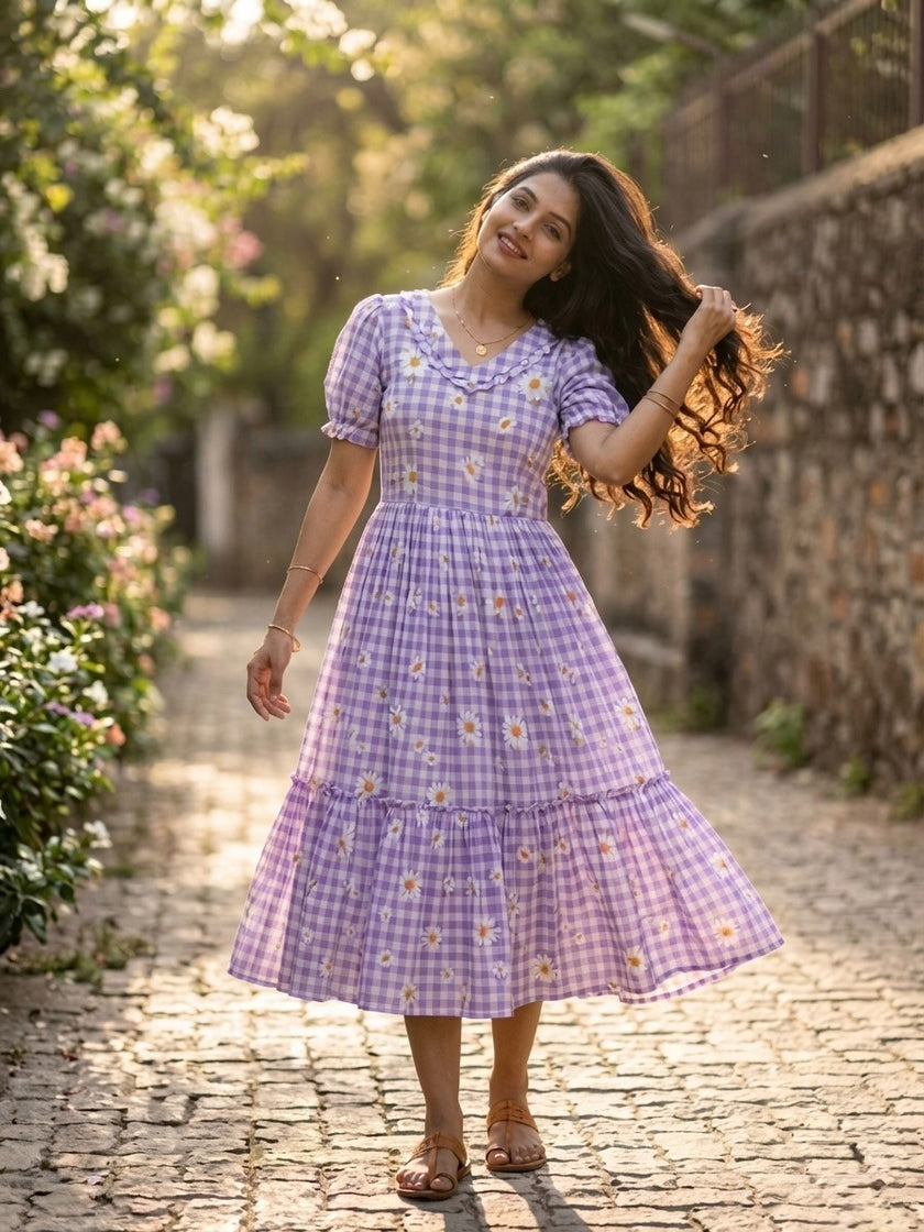 Women’s Checked Floral Print Casual Midi Dress.