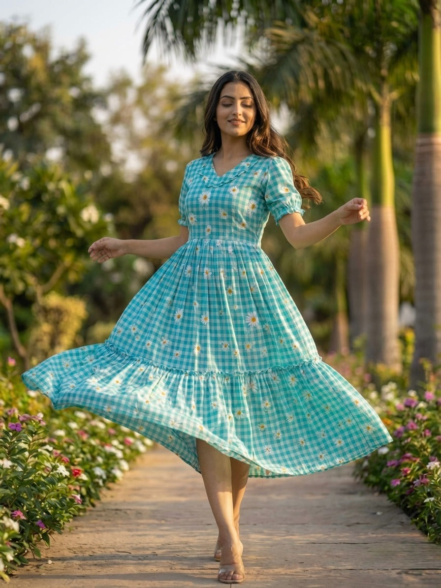 Women’s Checked Floral Print Casual Midi Dress.