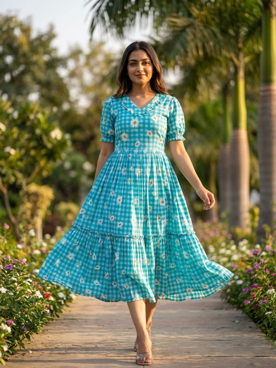 Women’s Checked Floral Print Casual Midi Dress.