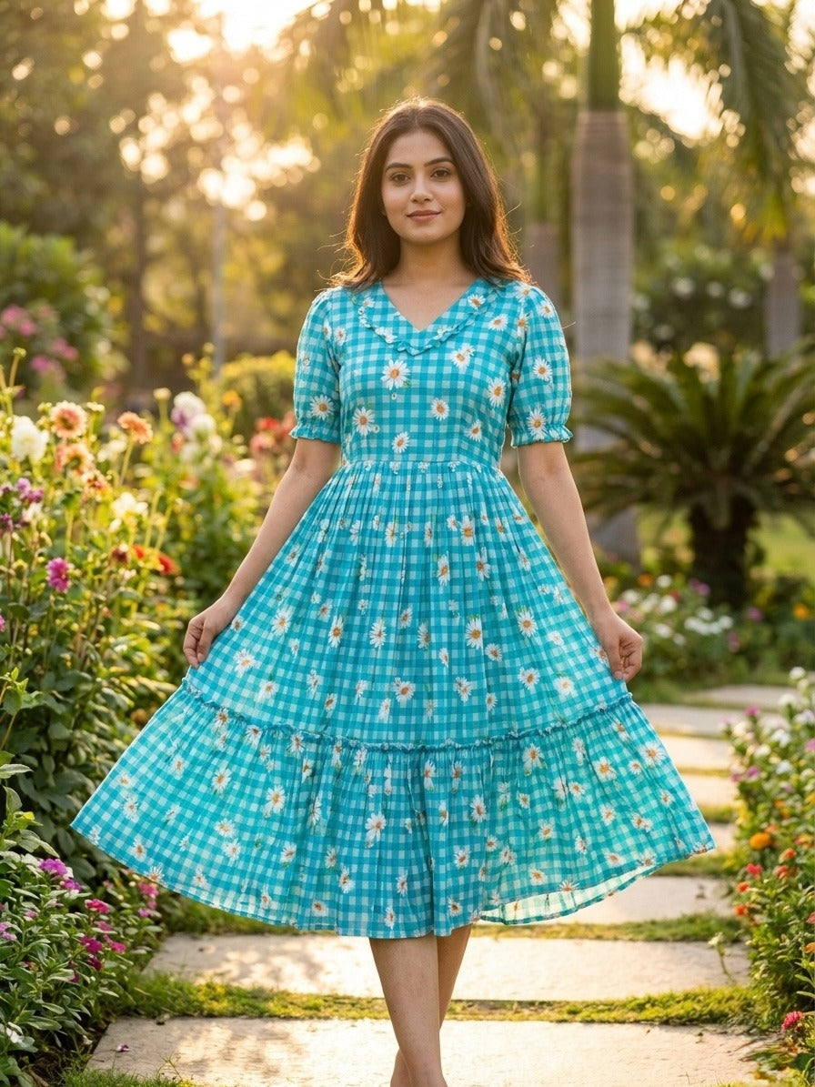Women’s Checked Floral Print Casual Midi Dress.