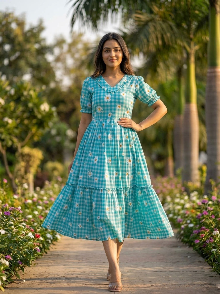Women’s Checked Floral Print Casual Midi Dress.