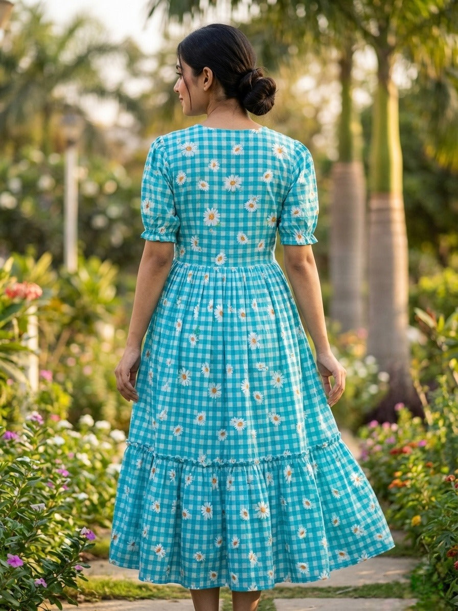 Women’s Checked Floral Print Casual Midi Dress.