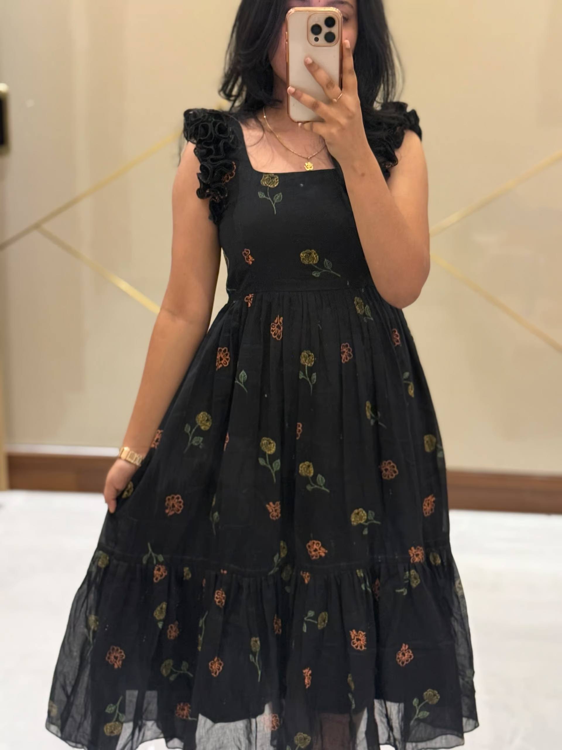 Black Embroidered Floral Tiered Midi Dress.