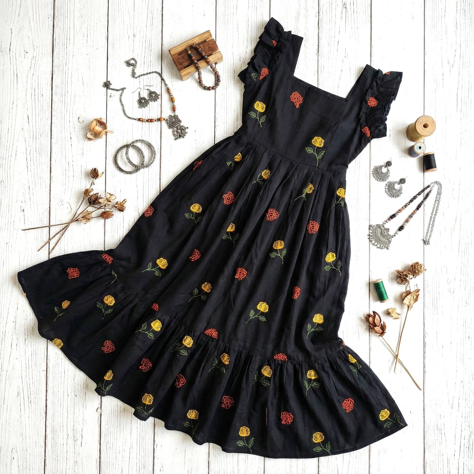 Black Embroidered Floral Tiered Midi Dress.