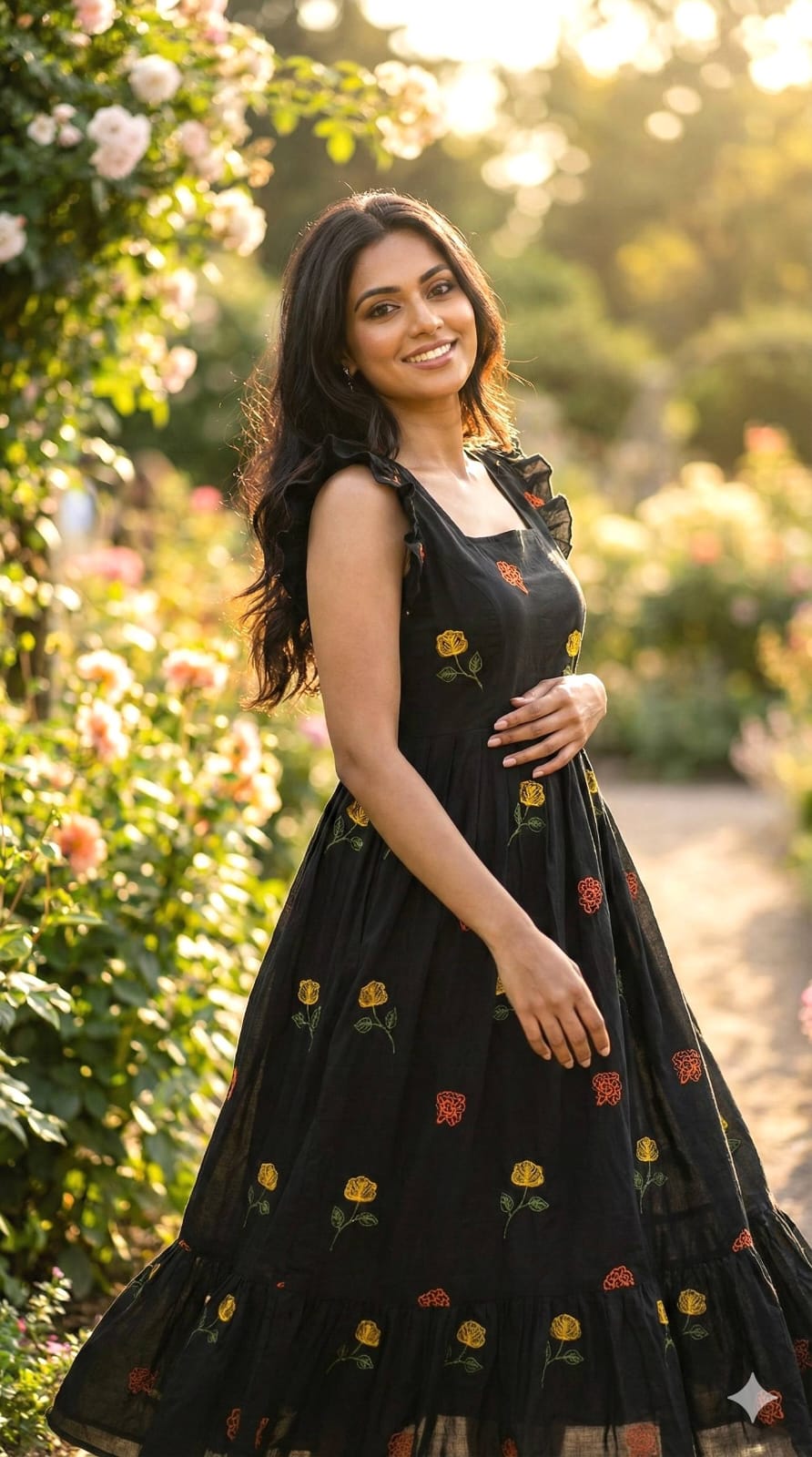 Black Embroidered Floral Tiered Midi Dress.
