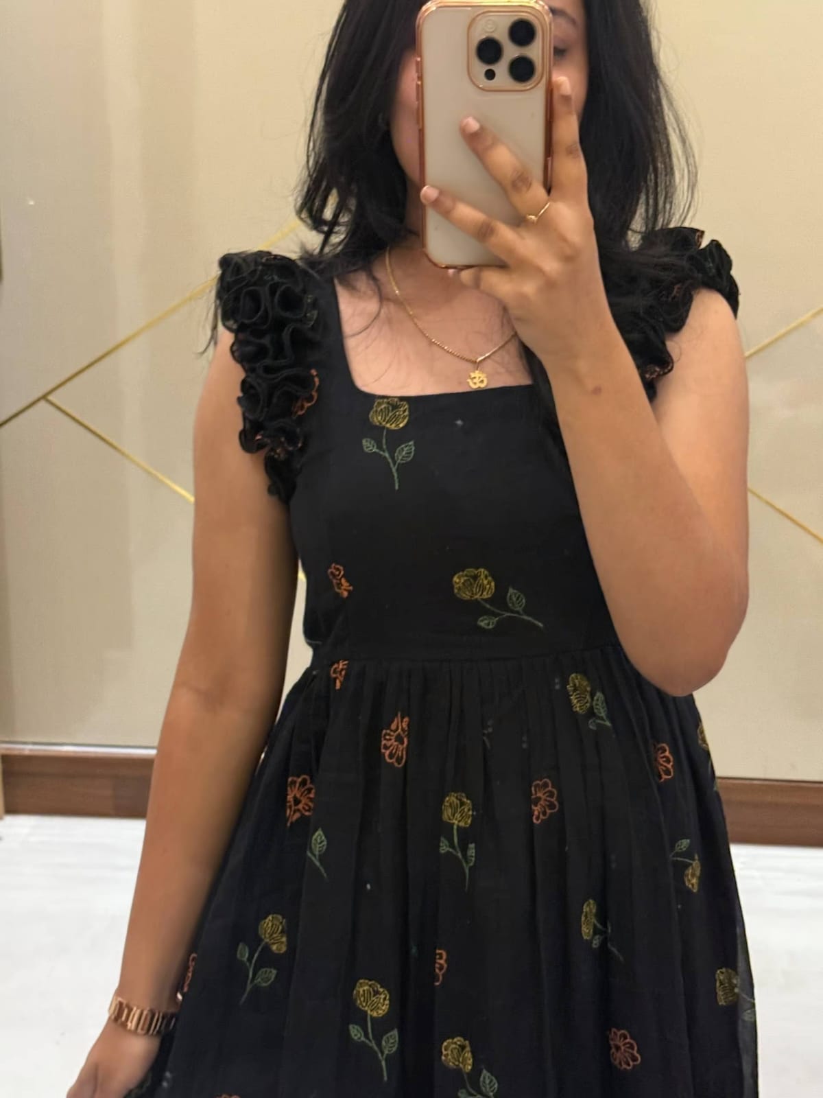 Black Embroidered Floral Tiered Midi Dress.