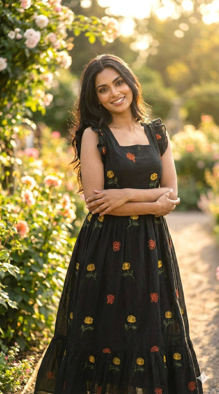 Black Embroidered Floral Tiered Midi Dress.