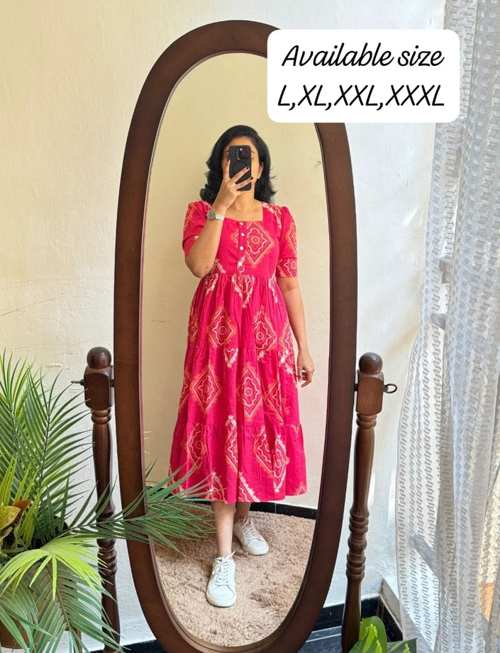 Women’s Pink Printed Tiered Midi Dress.