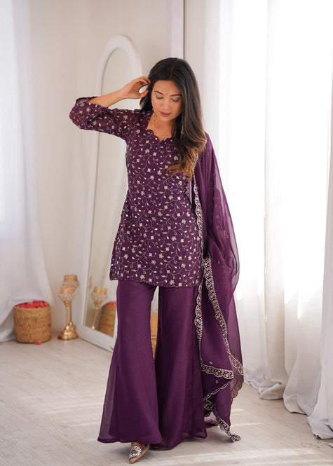 Stylish Party Wear Kurta Palazzo Set with Chiffon Dupatta.