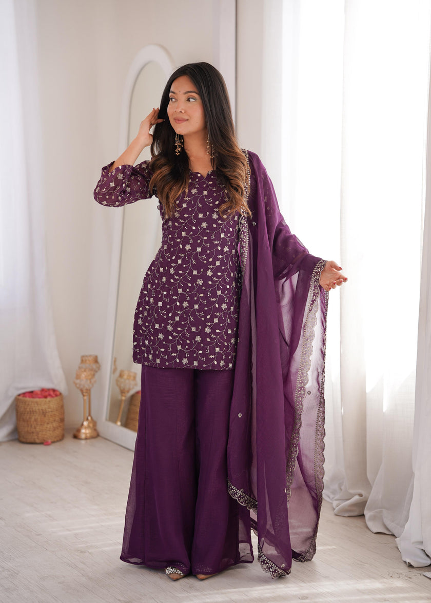 Stylish Party Wear Kurta Palazzo Set with Chiffon Dupatta.