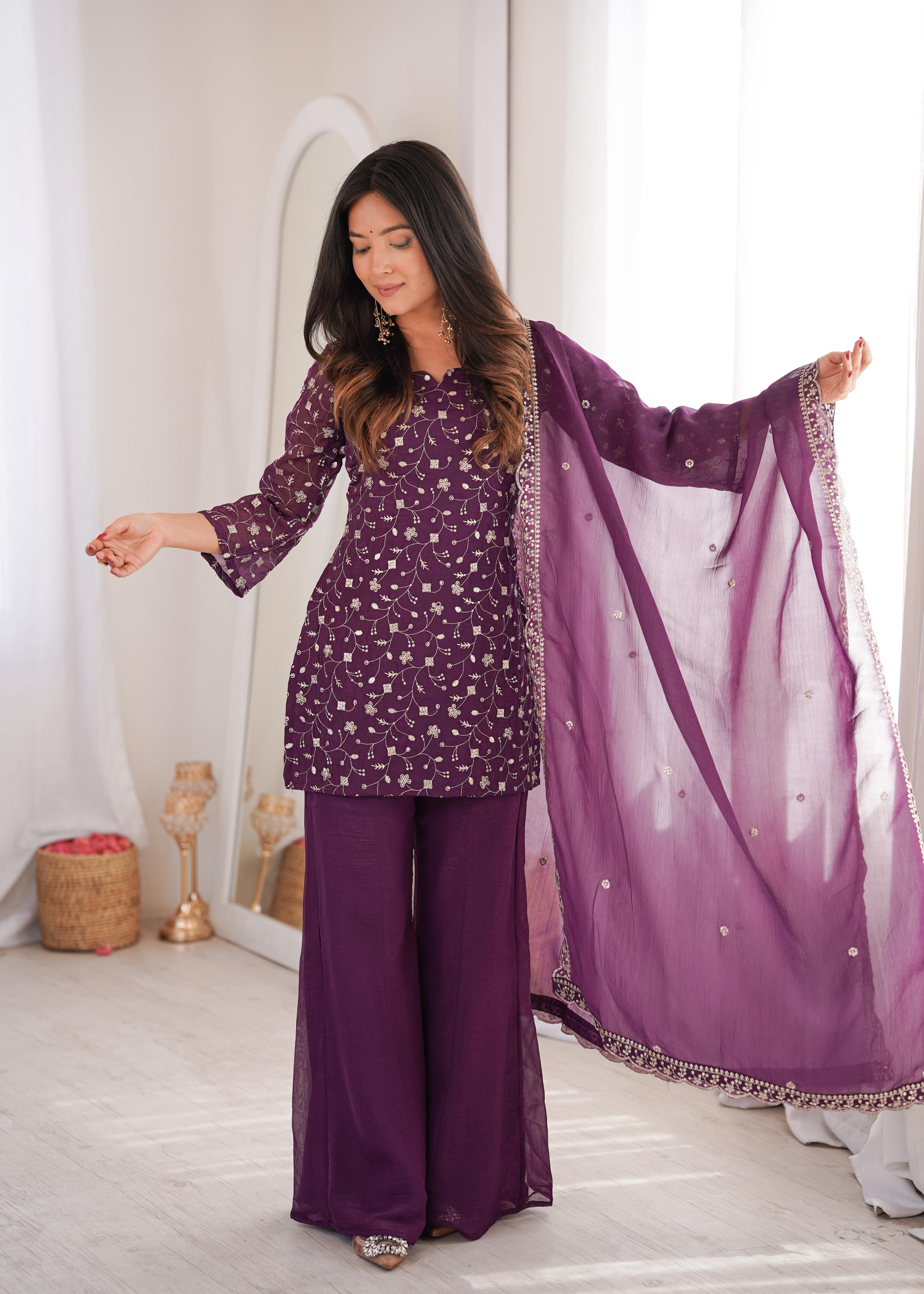 Stylish Party Wear Kurta Palazzo Set with Chiffon Dupatta.