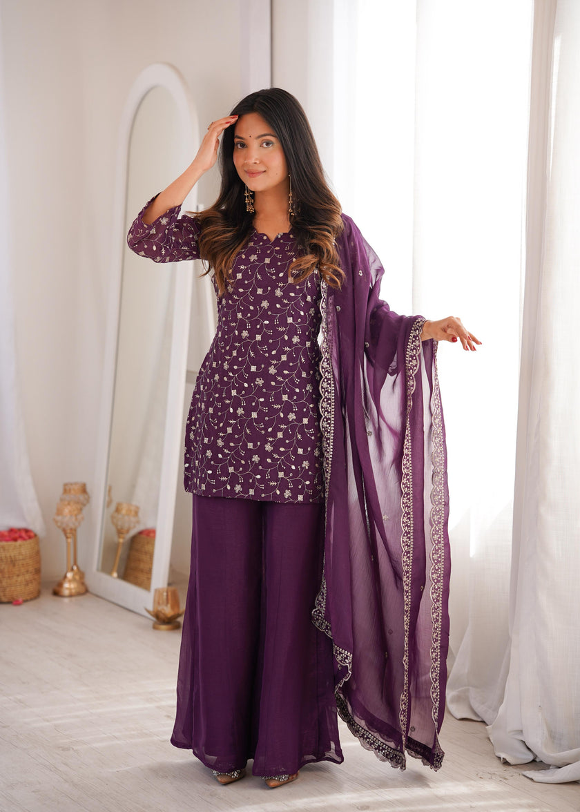 Stylish Party Wear Kurta Palazzo Set with Chiffon Dupatta.
