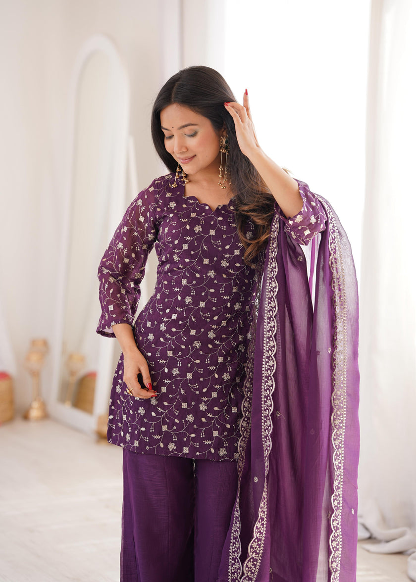 Stylish Party Wear Kurta Palazzo Set with Chiffon Dupatta.
