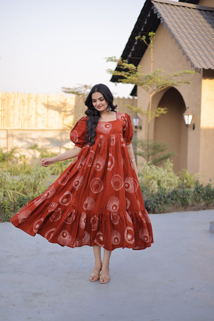 Women’s Printed Puff Sleeve Flared Midi Dress.