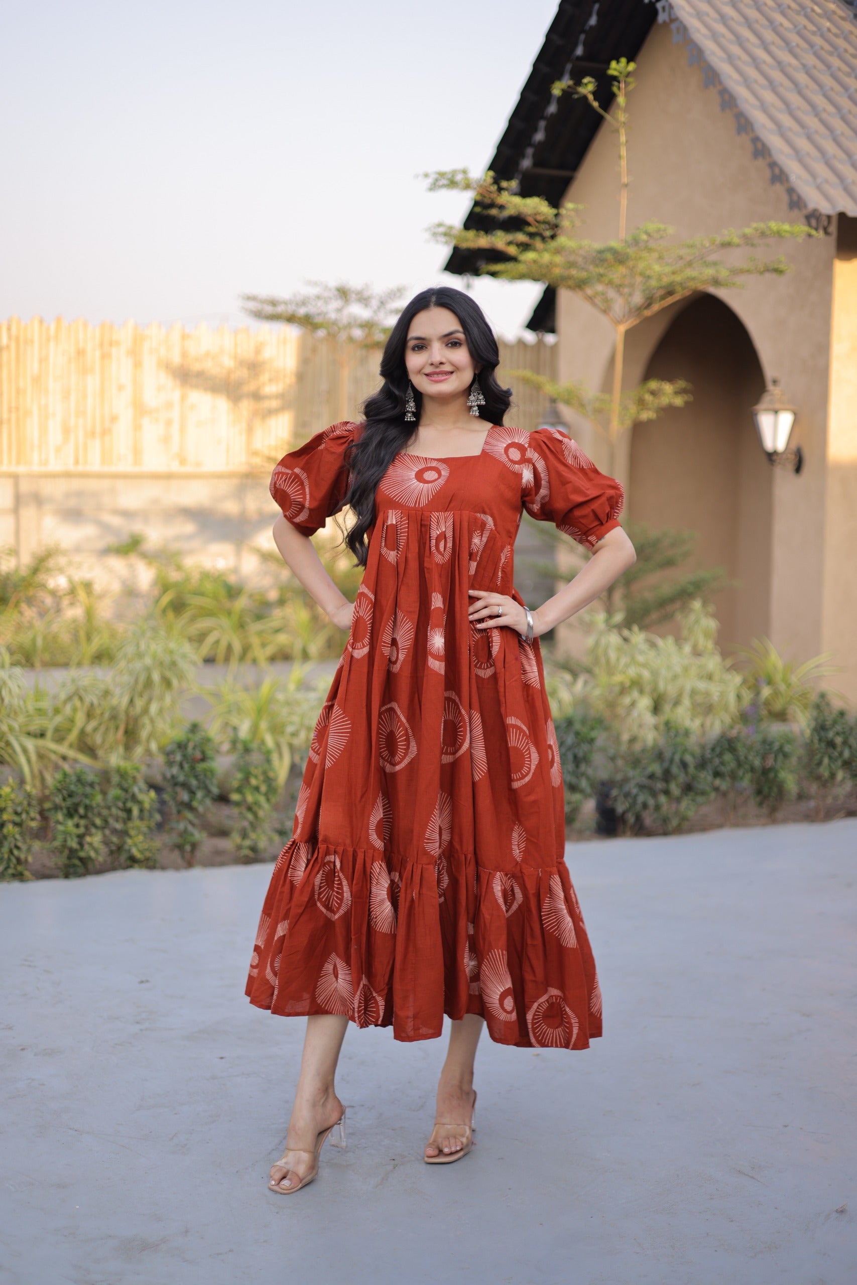 Women’s Printed Puff Sleeve Flared Midi Dress.